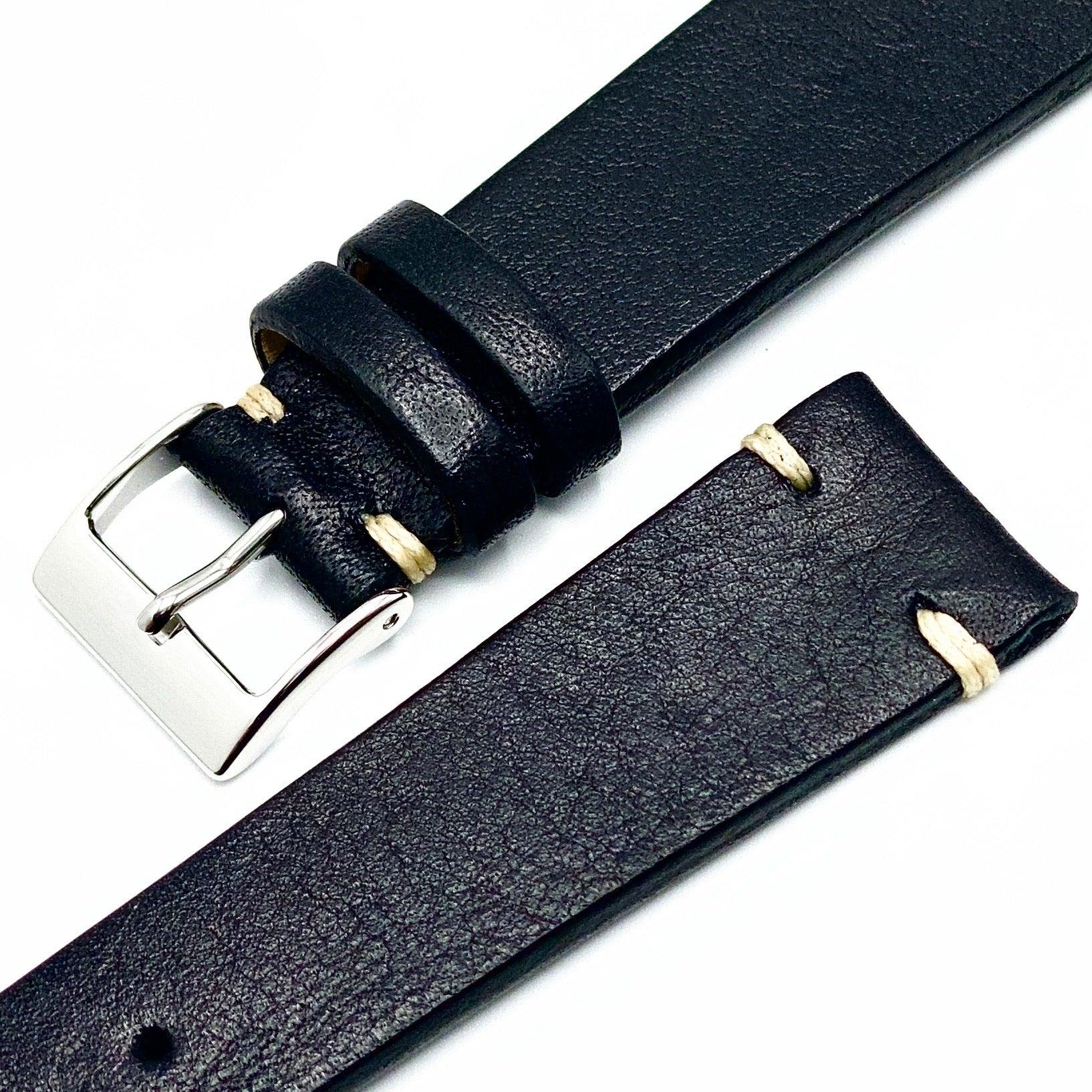 Black Leather Vintage Watch Strap - Guraga